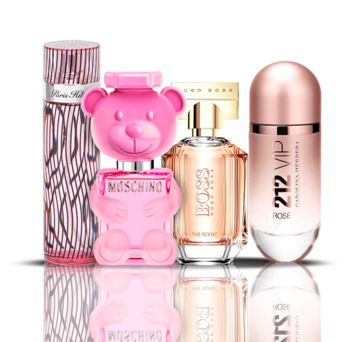 Zestaw 4 perfum | 212 VIP Rose + Moschino Bubble Gum + Hugo Boss The Scent + Paris Hilton 100 ml
