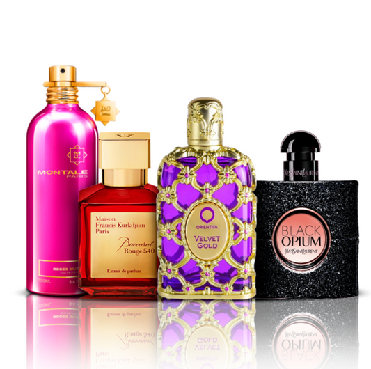 Zestaw 4 perfum | Orientica Velvet Gold + Baccarat Rouge + Black Opium + Montale Roses Musk 100 ml